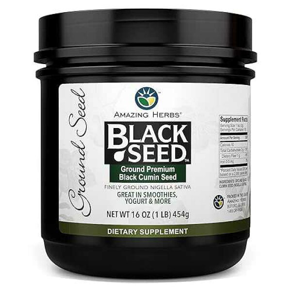 Amazing Herbs プレミアム グラウンド ブラック クミン シード - 細かく粉砕したニゲラ サティバ、グルテン フリー、非遺伝子組み換え、心血管機能をサポートし、消化器の健康を維持 - 16 オンス Amazing Herbs Premium Ground Black Cumin Seeds - Fi