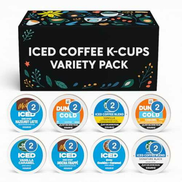 FIVEANDTWOESTORE BUNDLES Cold Iced Coffee K-Cups Variety Pack - 8 Flavors, 16 Pods -Top Brands in One Box - Vanilla, Caramel, Hazelnut Latte, Mocha Frappe, Cookies and more - Keurig Compatible