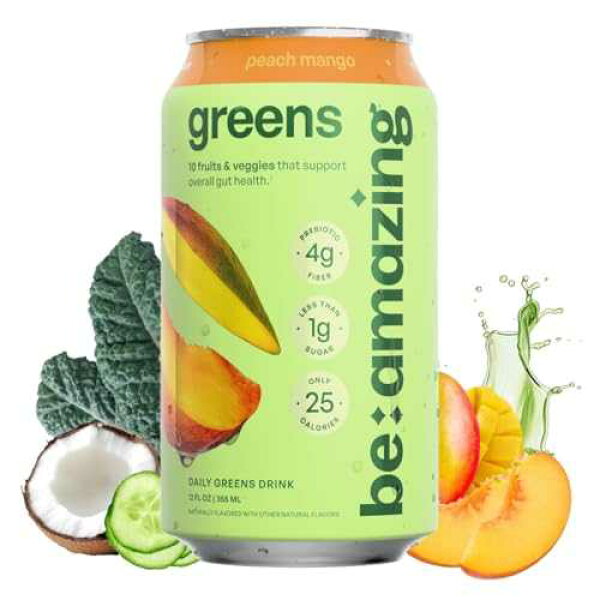 Be Amazing Greens Drink, Peach Mango, Ready to Drink, 10 Organic Fruits & Vegetables, Coconut Water, Vitamin C, Prebiotic Fiber, 25 Calories, Low Sugar, Vegan, Gluten Free, On the Go, 8 Pack