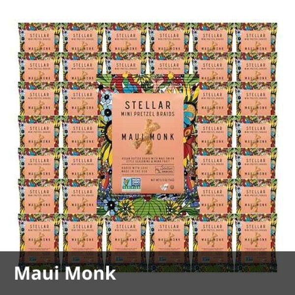 Stellar Snacks Mini Pretzel Braids, Mini Maui Monk, 0.5 Ounce (Pack of 75), Airline Served Mini Pretzel Packs, Sancking On The Go Size, Vegan, Kosher, Non-GMO (0.5 Oz, Maui Monk)