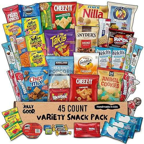 Jolly Good Care Packages 45 Count Variety Snack Box Care Package Gift Basket Snack Pack Candy Treats Chips Cookies for Adults Kids Grandkids Teens College Students Guys Girls Men Women - Ideal for Birthdays College Schoo
