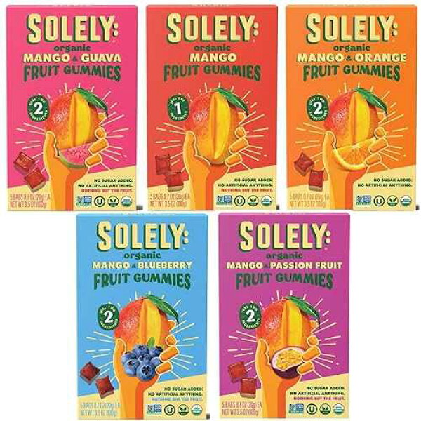 SOLELY Organic Fruit Gummies Variety Pack, Mango, Mango & Orange, Mango & Guaba, Mango & Passion Fruit, Mango & Blueberry, Total 5 Packs, LIVEBEAR Assortment.