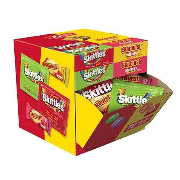Mars SKITTLES Original, SKITTLES Sour, STARBURST Original, and STARBURST FaveRed Fun Size Candy Individually Wrapped Fruit Chewy Candies Variety Pack Pantry Cube Easy Open and Close Dispenser for Convenient Snacking, 31.1