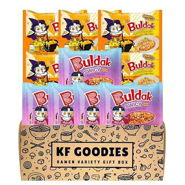 KF GOODIES Korean Ramen Variety Pack Gift Box (10 Count) - Spicy Buldak Noodle Assortment for Birthdays, College Care Packages, Office Snacks, and Gift Baskets