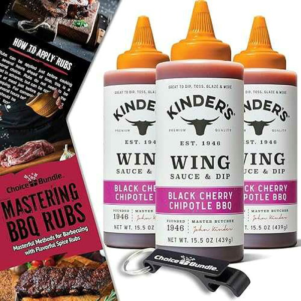 Choice Bundle Kinder s Black Cherry Chipotle BBQ Wing Sauce & Dip 3 Pk (46.5 oz) Great to Dip Toss Glaze & More + Barbecue Masters & Bottle Opener (5 Items)!