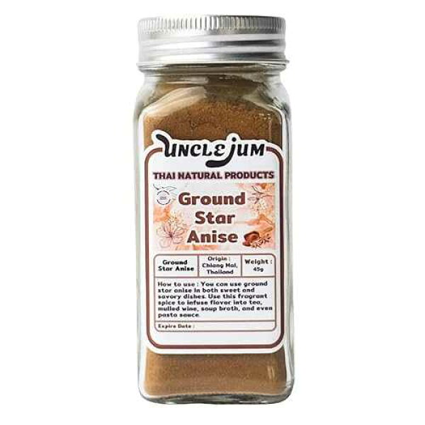 UNCLEJUM Thai Ground Star Anise Powder 45 gram Rich Aroma and Intense flavor For Cooking, Baking, Cookies & Anise Tea From Thailand in a beautiful Thick glass spice storage bottle easy to use and storage and the des