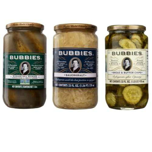 Bubbies Pickles Variety Pack 32 oz Bread & Butter, 32 oz Dill, 25 oz Sauerkraut Naturally Fermented, Probiotic-Rich, Gluten-Free, Classic & Tangy Flavors