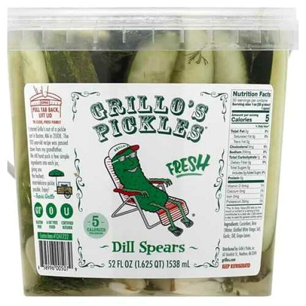 Generic Pickles Classic Dill Pickle Spears, 52 Fl Oz, 5 calories per serving. Gluten free. A fat free food, CUCUMBERS, BRINE (WATER, DISTILLED WHITE VINEGAR, SALT), GARLIC, DILL, GRAPE LEAVES.