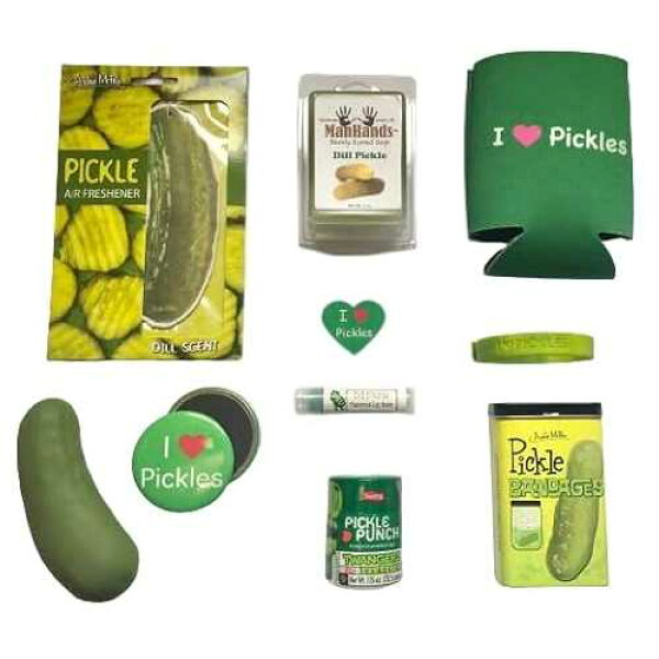 Pickle Addicts Big Dill Pickle Lovers Gift Pack (10pc Set) - Pickles Bandages, Lip Balm, Stress Pickle, Can Cooler, Air Freshener, Soap, Magnet, Wristband, Sticker & Salt