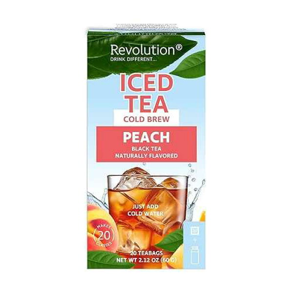 REVOLUTION TEA Iced Tea Peach Cold Brew [20 TEA BAGS] - Naturally Flavored Black Tea - Zero Calories & Sugar Free - Just Add Cold Water - For Refreshing & Easy Instant Brews at Home -Makes 20 Glasses