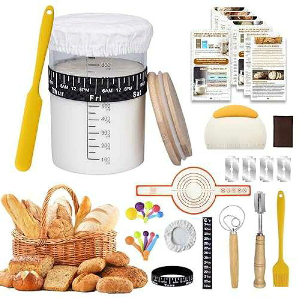 SAGOOITS 34oz Sourdough Starter Kit, Large Capacity Glass Sourdough Starter Jar, Reusable Starter Set of Sourdough Bread Baking Supplies with 13 Essential Yeast Starter Tools (Yellow)