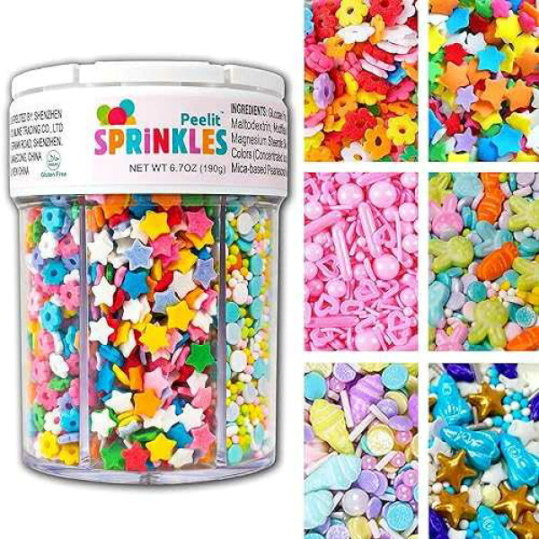 Peelit Rainbow Funfetti Sprinkles Mix, 6 in 1 Cell Edible Cake & Cupcake Decorations with Stars, Hearts & Flowers, Pastel Colors, Perfect for Baking & Ice Cream Toppers, Easter Sprinkles, 6.7oz Jar