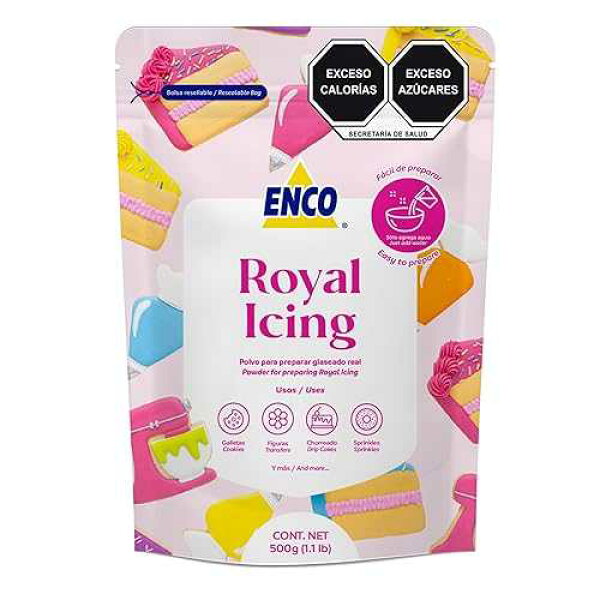 ENCO White Royal Icing Mix, Vanilla Flavor - Easy to Use, Just Add Water, Smooth & Glossy Finish, Fast Drying, Versatile for Cookie Decorating (1.1 lb / 500g)