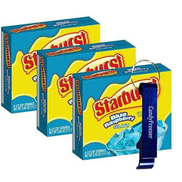 Candy Freezer Gelatin Mix, 3.94 oz Box (Pack of 3) - Makes 6 Servings Each - Includes Candy Freezer Water Bottle Keychain (Blue Raspberry) - Keychain
