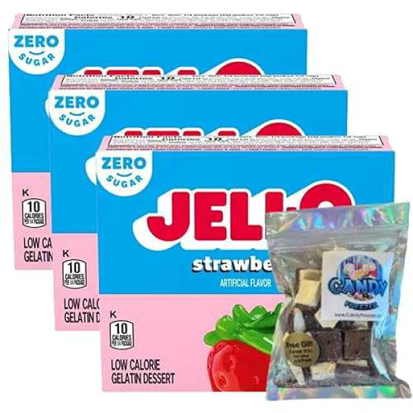 Candy Freezer Gelatin Mix 0.3 oz Box (Pack of 3) with Freeze Dried Ice Cream Bites (Zero Sugar Strawberry) - Candy