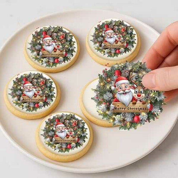RA Pape Santa Wreath Christmas Cookie & Cupcake Edible Images - 20-2" Precut Holiday Toppers - Easy to Use