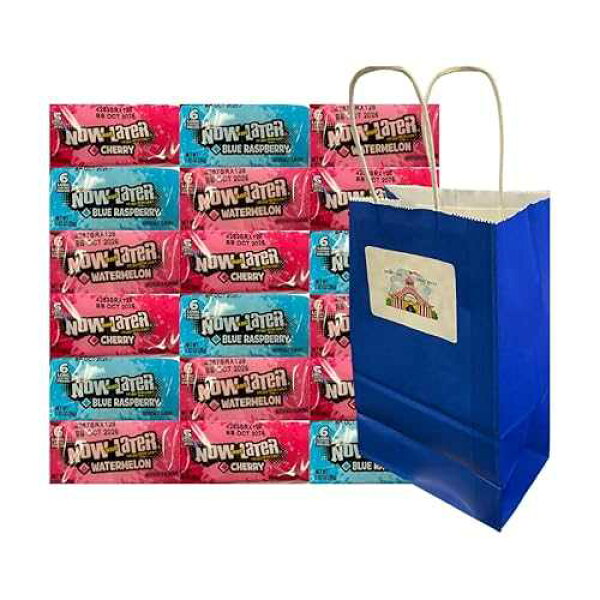 BIG TOP DEALS USA Variety Pack Now and Later Candy - 18 Individually Wrapped Pieces, 6 Each of Cherry, Blue Raspberry & Watermelon Flavors, 0.93 oz, Perfect for Parties, Snacks, and Sharing, Blue Paper Bag 5.25x3