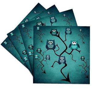 3D ���[�Y �u���[ ���_���ȃt�N���E�̖؂̃Z���~�b�N �^�C�� �R�[�X�^�[�A�}���`�J���[ 3dRose Blue Modern Owl in a Tree Set of 4 Ceramic Tile Coasters