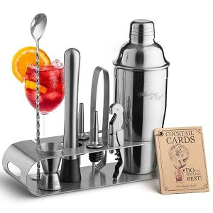 Mixology & Craft 9-Piece Cocktail Shaker Set with Sleek Metal Stand - 24oz Stainless Steel Bartender Kit - Professional Bar Tools: Built-in Strainer, Jigger, Muddler, Tongs, Spoon & Recipe Cards