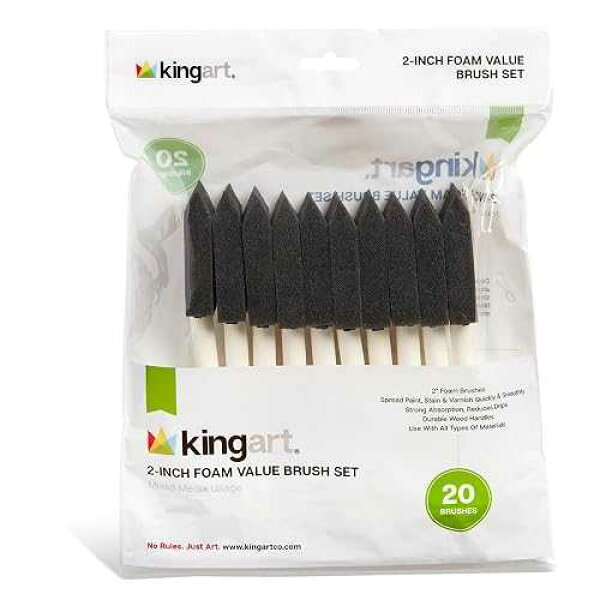 KINGART 242-20 Foam 20 Pc. Value Pack 2" Brush Set, Short Wood Handle, for Oil, Acrylic & Watercolor Paint, Great for Crafts, DIY Home Projects, Hobbies & Group Activities