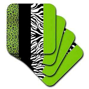 3dRose CST_35440_3 Lime Green Black and White Animal Print-Leopard and Zebra-Ceramic Tile Coasters, Set of 4
