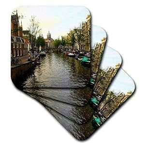 3dRose CST_38331_3 The Sun Setting Over The Unique Buildings of Amsterdam-Ceramic Tile Coasters, Set of 4