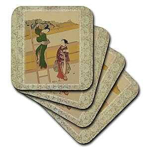 3dRose CST_38119_3 re[W IG^wi̓{lZ~bN ^C R[X^[A4 Zbg 3dRose CST_38119_3 Japanese Ladies on Vintage Oriental Background Ceramic Tile Coasters, Set of 4