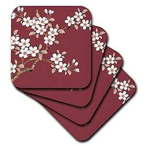 3dRose LLC �}���[���R�[�X�^�[�ɓ��{�̔����ԁA�\�t�g�A8 �Z�b�g 3dRose LLC Japanese White Flowers on Maroon Coaster, Soft, Set of 8