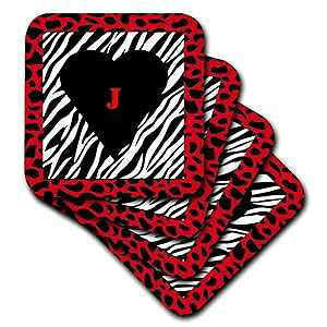3dRose CST_62070_1 [u vg \tg R[X^[̓ɍ̃n[gɐԂ̕ JA4 Zbg 3dRose CST_62070_1 Red Letter J on Black Heart Inside Zebra Print Soft Coasters, Set of 4
