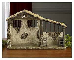 THREE KINGS GIFTS THE ORIGINAL GIFTS OF CHRISTMAS Three Kings Gifts Lighted Stable, Creche, Flat Bottom for Stability, Home Decorating Nativity Scene Set & Figures Shelter with White Dove, for 7 inch Scale Collectio