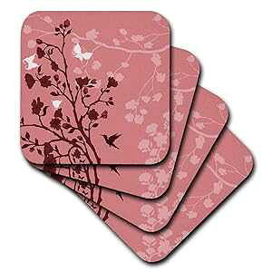3dRose CST_78451_1 Ԓnɐԍ n`hƒ̃\tgR[X^[ (4Zbg) 3dRose CST_78451_1 Red on Red Cherry Blossoms with a Hummingbird & Butterflies Soft Coaster (Set of 4)
