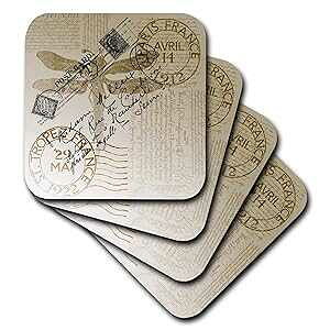 3dRose Be[W g{ t` |XgJ[h \tg R[X^[ (8 Zbg) 3dRose Vintage Dragonfly French Postcard Soft Coasters (Set of 8)