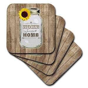 3dRose CST_128555_1 Jg[ fpȃC\W[ Ђ܂ z[ XC[g z[ \tg R[X^[tA4 Zbg 3dRose CST_128555_1 Country Rustic Mason Jar with Sunflower Home Sweet Home Soft Coasters, Set