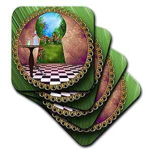 3dRose LLC cst_128860_3 Ceramic Tile Coasters, Through The Keyholes Alice in Wonderland Art Checkered Floor Bottle of Magic Water, Set of 4