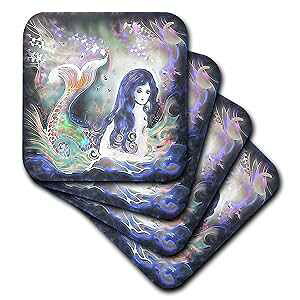 3dRose Luminous Beautiful Mermaid in The Water Under The Moon �t�@���^�W�[�A�[�g - �Z���~�b�N�^�C���R�[�X�^�[�A4���Z�b�g (CST_116246_3) 3dRose Luminous Beautiful Mermaid in The Water Under The Moon Fantasy Art - Ceramic Tile