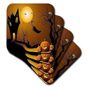 3dRose CST_152289_1 nEBnEX J{`AXJAREA_\tgR[X^[tA4Zbg 3dRose CST_152289_1 Halloween House with Pumpkins Skulls Bats and The Grim Reaper Soft Coasters, Set of 4