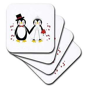 3dRose cst_164801_1 킢bh n[g yM̐VYVw̌̃Jbv - \tg R[X^[A4 Zbg 3dRose cst_164801_1 Cute Red Hearts Penguin Bride and Groom Wedding Couple-Soft Coasters, Set of 4