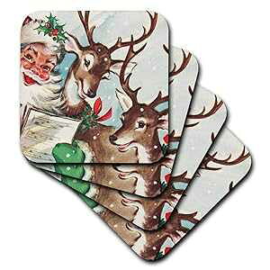 3dRose CST_172198_2 �T���^�Ɖ̂��g�i�J�C ���B���e�[�W �\�t�g �R�[�X�^�[�A8 �Z�b�g 3dRose CST_172198_2 Santa and The Singing Reindeer Vintage Soft Coasters, Set of 8