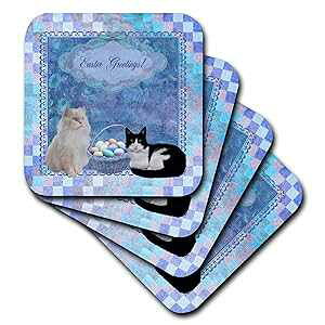 3dRose Kitty Cats with Easter Basket of Eggs On Musical Sheet Background, Blue - Ceramic Tile Coasters, Set of 4 (CST_174047_3)