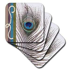 3dRose CST_202269_2 Peacock Feather with Pearl Look Soft Coasters (Set of 8)