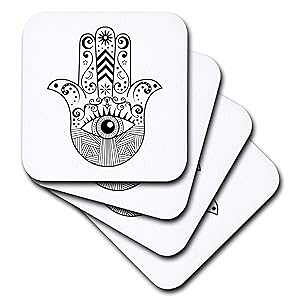 3dRose CST_217281_1 nTnh \tgR[X^[ (4Zbg) 3dRose CST_217281_1 Hamsa Hand Black and White Soft Coasters (Set of 4)