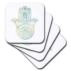 3dRose CST_217282_2 Hamsa Hand Green & Blue Watercolor Soft Coasters, (Set of 8)