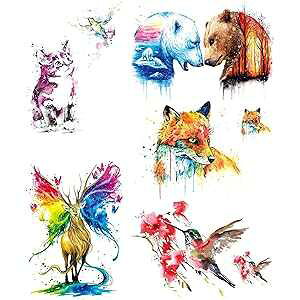 Glaryyears Watercolor Fox Temporary Tattoos, 5 Pack Large Fake Long Lasting Tattoo Stickers for Adults Women Men Makeup, Animal Deer Hummingbird Cat Polar Bear on Body Art Decoration Rock Tumbler