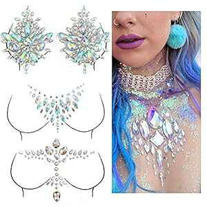 Breast Jewels Tattoo Rhinestone Chest Sticker Temporary Tattoo Glitter Breast Body Gems Tattoo Sticker Body Art Decor Jewel Paste for Festival Makeup(3 Sets) Mangoit Breast Jewels Tattoo Rhinestone Chest Sticker Temporary