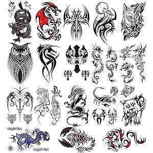 glaryyears 18 Sheets Dragon Black Temporary Tattoos for Men Teens, Animal Scorpions Wolf Owl Dark Tribal Tiger Cross, on Arm Shoulder Hand Leg Back Body Art 4.7''x7.5''