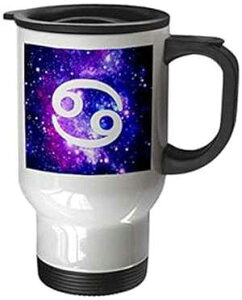 3dRose tm_202150_1 Cancer Star Sign on Purple Space Background Cancerian Horoscope Symbol Stainless Steel Travel Mug, 14-Ounce, White
