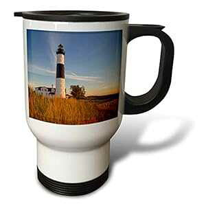 3dRose tm_190096_1 Big Sable Point Lighthouse, Lake Michigan, Ludington SP, Michigan, USA-Travel Mug, 14 oz, Stainless Steel, White