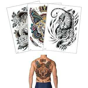 Glaryyears Super Big Full Back Covered Temporary Tattoos, 3 Pack Large Fake Realistic Tattoo Stickers for Adults Men Women, Scary Fierce Tiger Snake Serpent Design