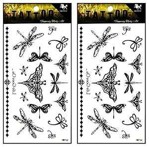 Rareeasy Waterproof Tattoo Sticker Tattoos 2 Sheets Butterfly dragonfly Vine Chain Necklace Art Fantasy 3D Tattoo Waterproof Stickers Removable Temporary Body Arm Fake Art Sticker Party