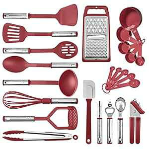 Kaluns Kitchen Utensil Set 24 Nylon and Stainless Steel Utensil Set, Non-Stick and Heat Resistant Cooking Utensils Set, Kitchen Tools, Useful Pots and Pans Accessories and Kitchen Gadgets (Red)